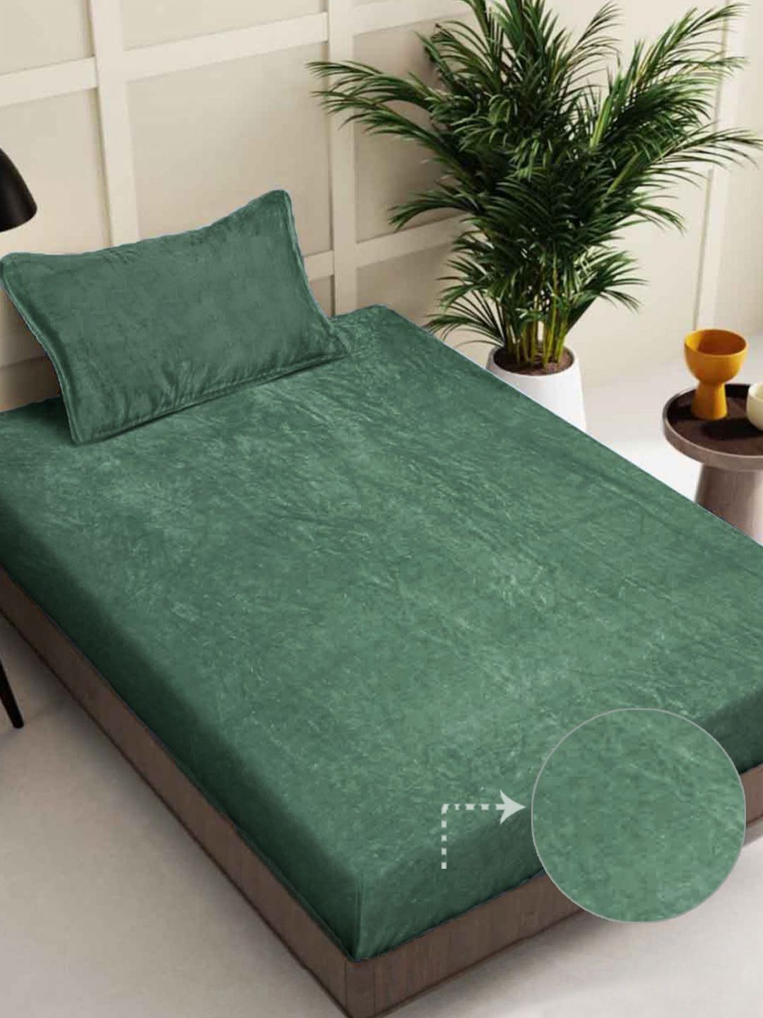 Myntra Elegant Homes Green Embossed Woollen 300 TC Single Bedsheet Set 2.25 m x 1.5 m-image-36