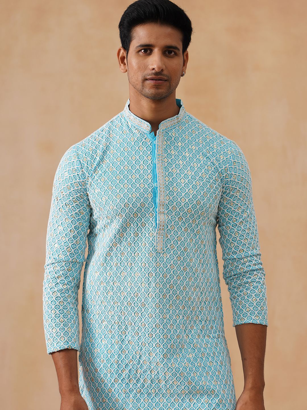 Jompers Men Geometric Embroidered Chikankari Kurta-picture-16