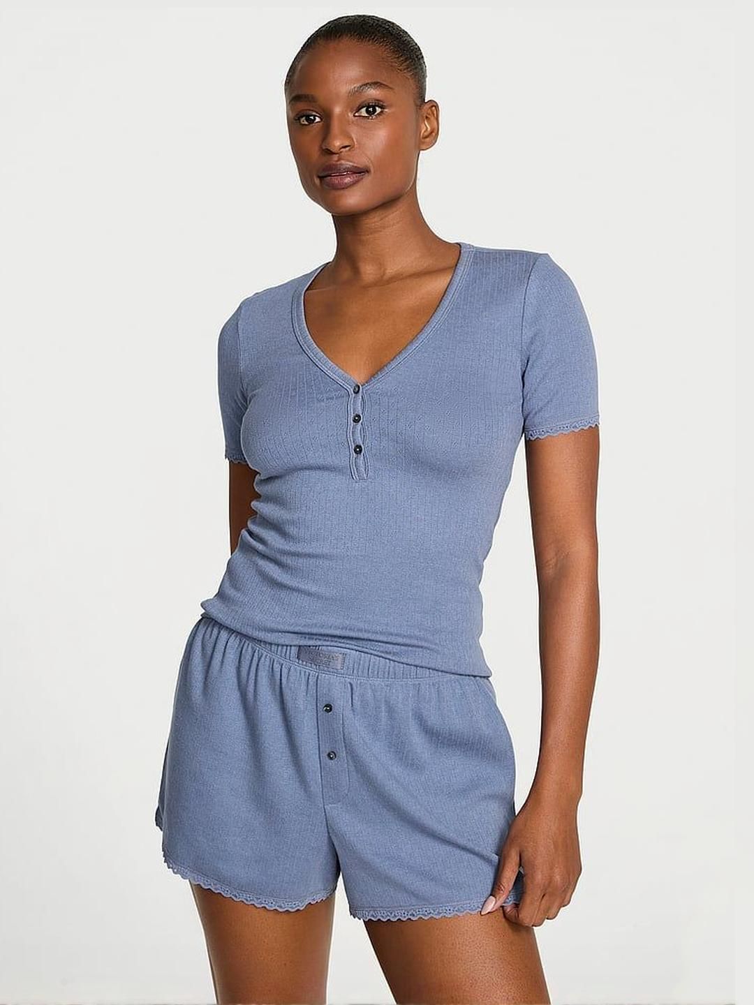 Victoria's Secret Textured V-Neck Short Sleeves T-Shirt And Shorts Night suit-picture-16