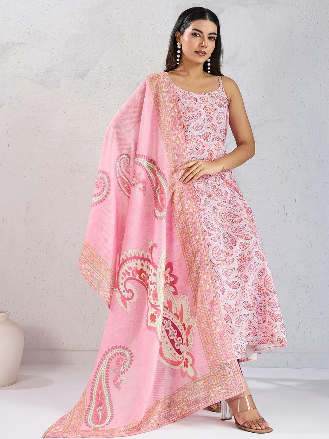 Inddus Paisley Printed A Line Gotta Patti Kurta With Trousers & With Dupatta