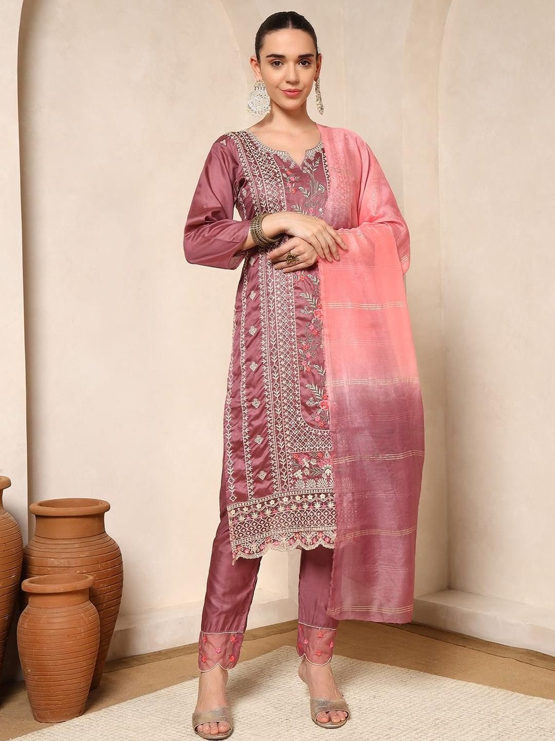 Nehamta Floral Embroidered Notch Neck Thread Work Straight Kurta With Trousers & Dupatta