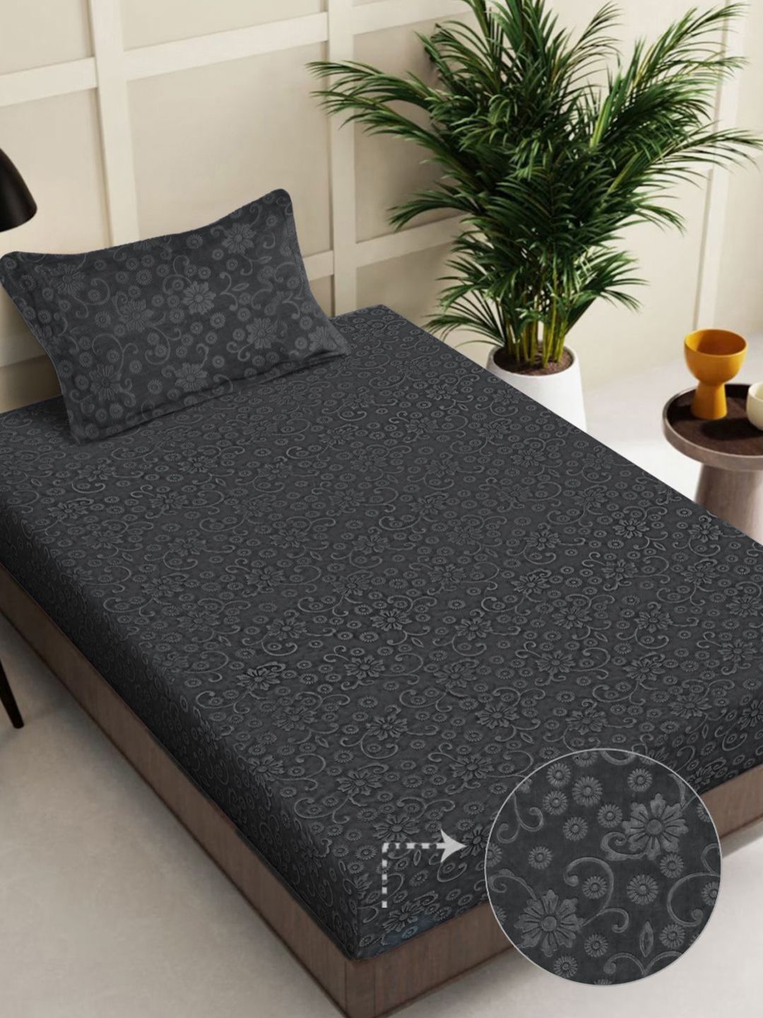 Myntra Elegant Homes Grey Embossed Woollen 300 TC Single Bedsheet Set 2.25 m x 1.5 m-picture-28