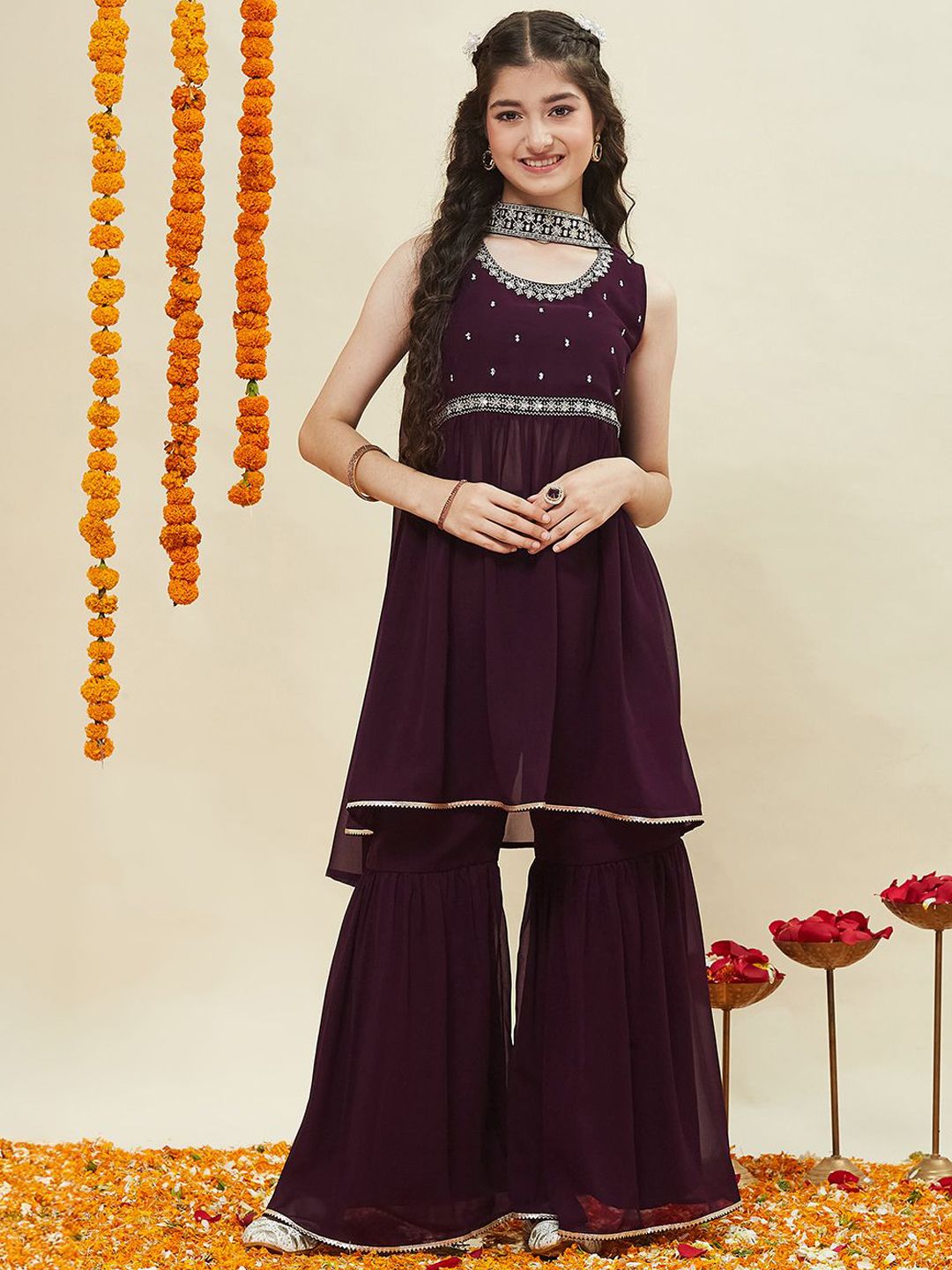 CurlyTales Girls Ethnic Motifs Embroidered Anarkali Kurta with Sharara & Dupatta