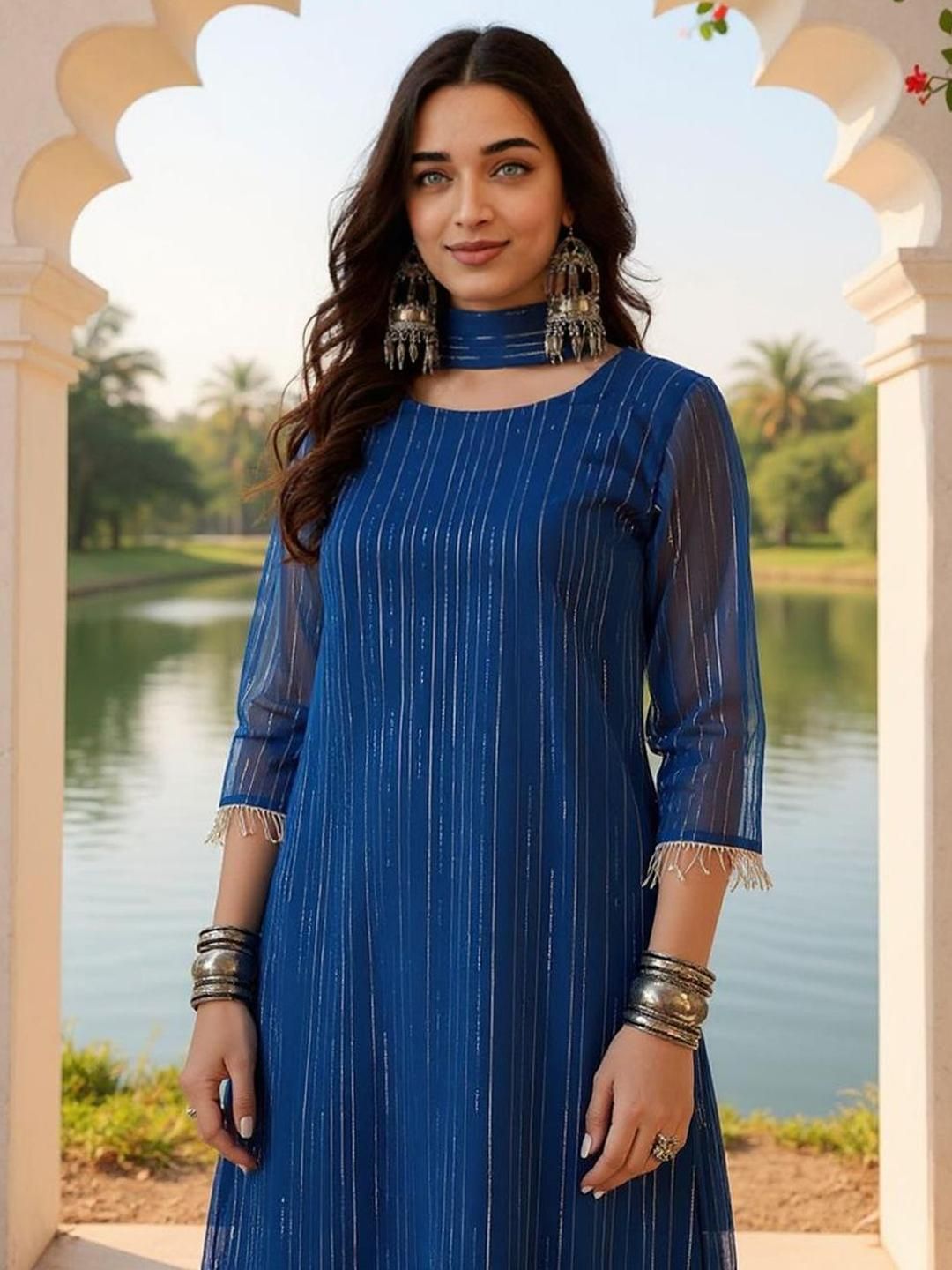 SZN Women Striped Kurta with Trousers & Dupatta