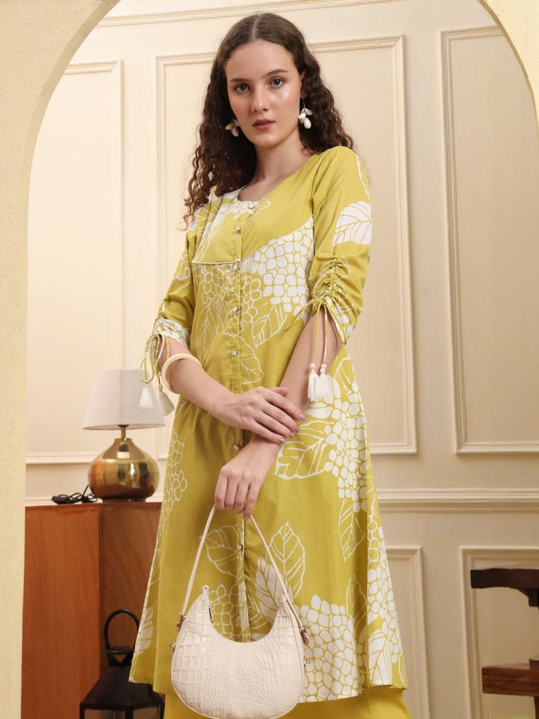 Yufta Women Floral Printed Cotton A-Line Kurta with Palazzos