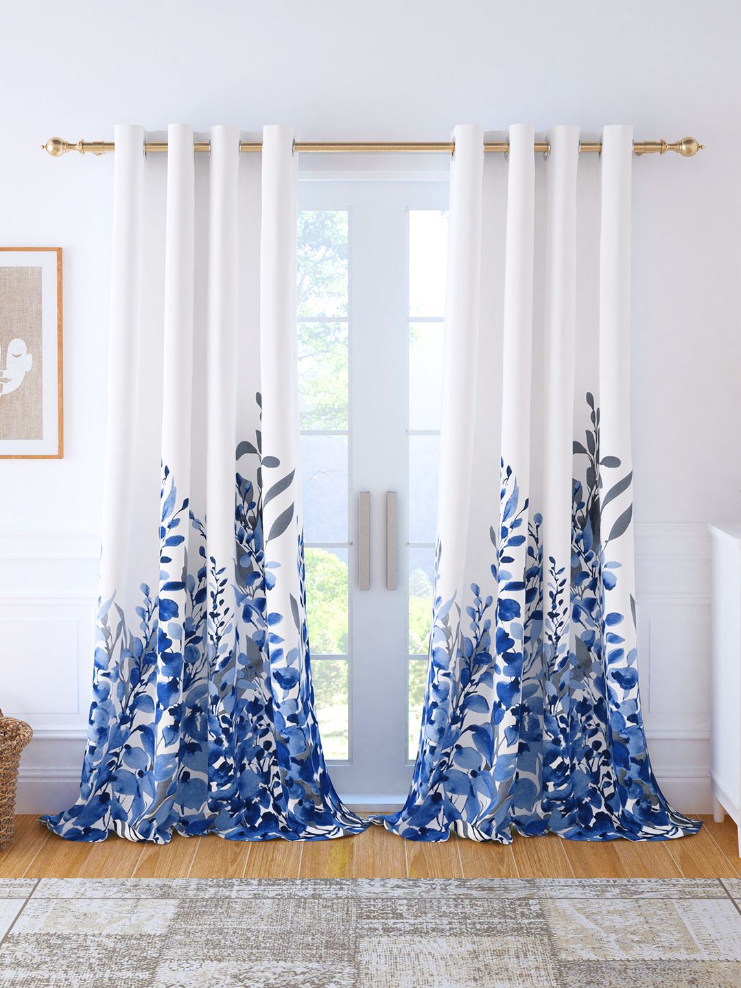 Story@home White & Blue 2 Pieces Floral Cotton Room Darkening Door Curtains-picture-54