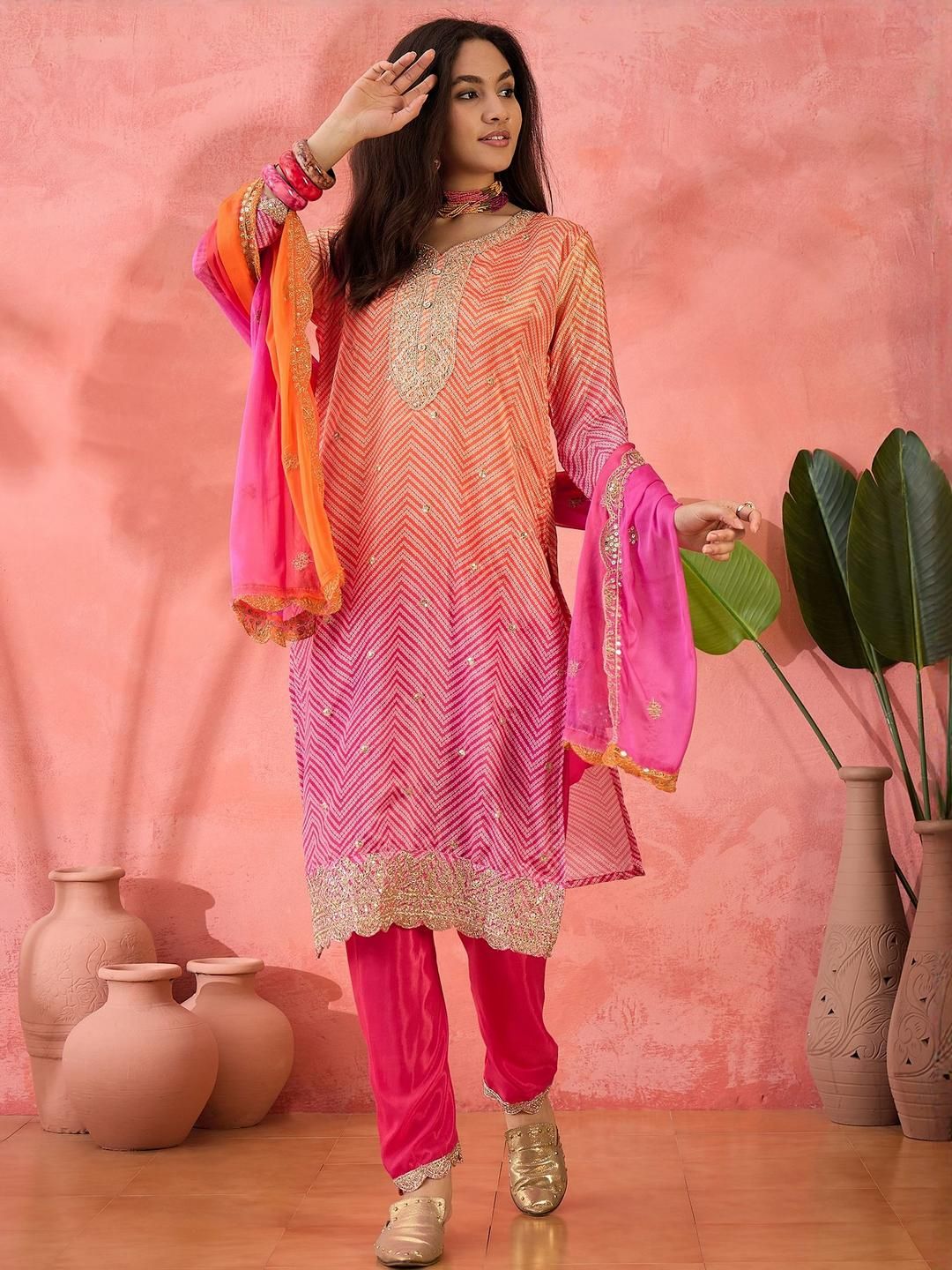 MANVAA Bandhani Embroidered Notch Neck Sequinned Straight Kurta With Trousers & Dupatta