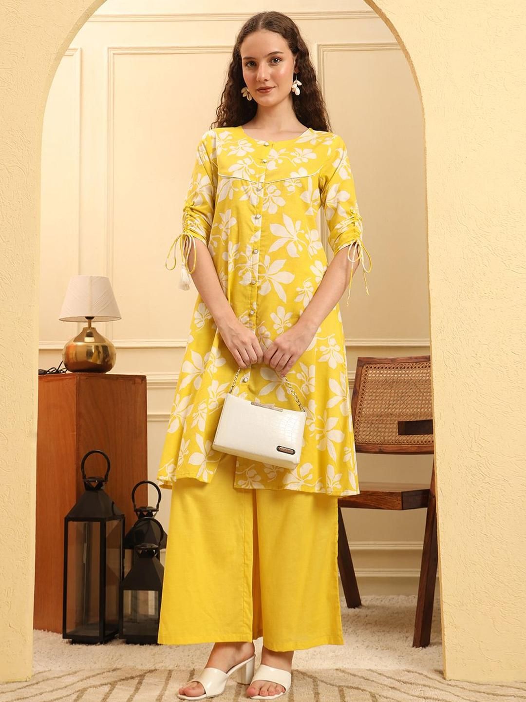 Yufta Floral Printed Pure Cotton Round Neck A-line Kurta With Trousers