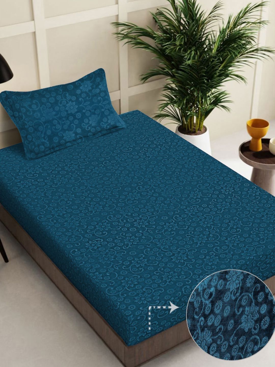 Myntra Elegant Homes Turquoise Blue Woollen 300 TC Single Bedsheet Set 2.25 m X 1.5 m-picture-17