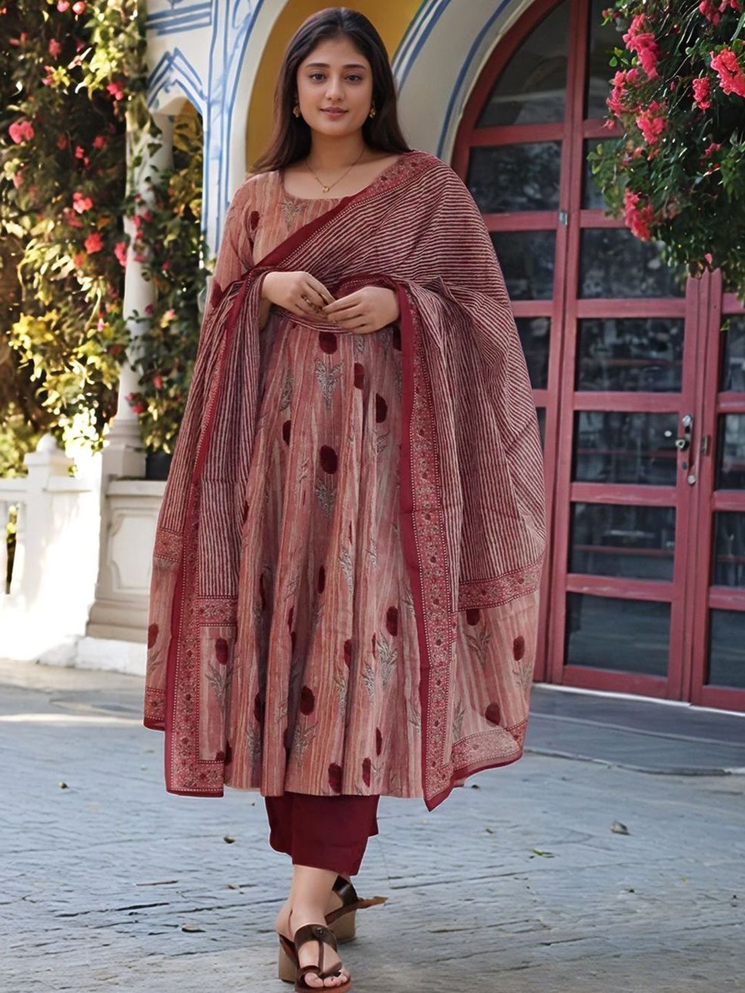 DIVASTRI Floral Printed Round Neck Anarkali Kurta With Trousers & Dupatta