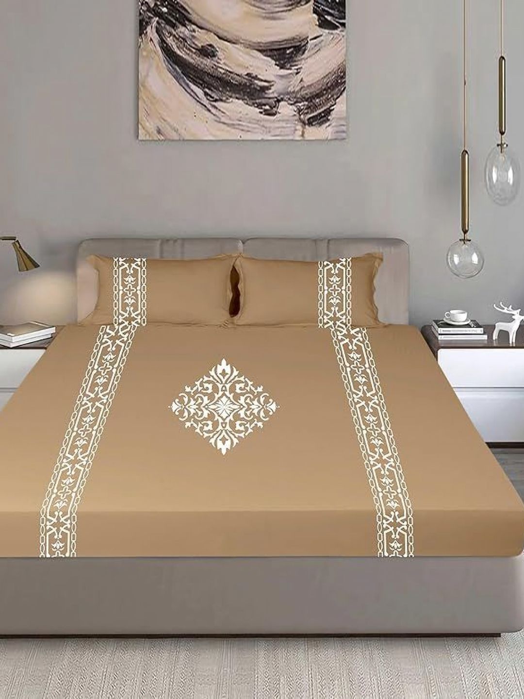 Bodycomfy Beige & White King Fitted Cotton 400 TC King Bedsheet Set 1.98 m x 1.82 m-picture-36