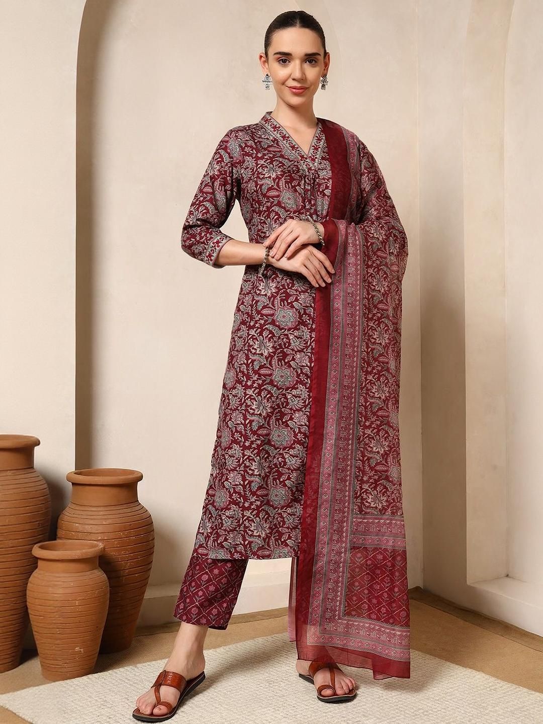 Sangria Floral Printed Pleated Thread Work Straight Kurta with Trouser & Dupatta