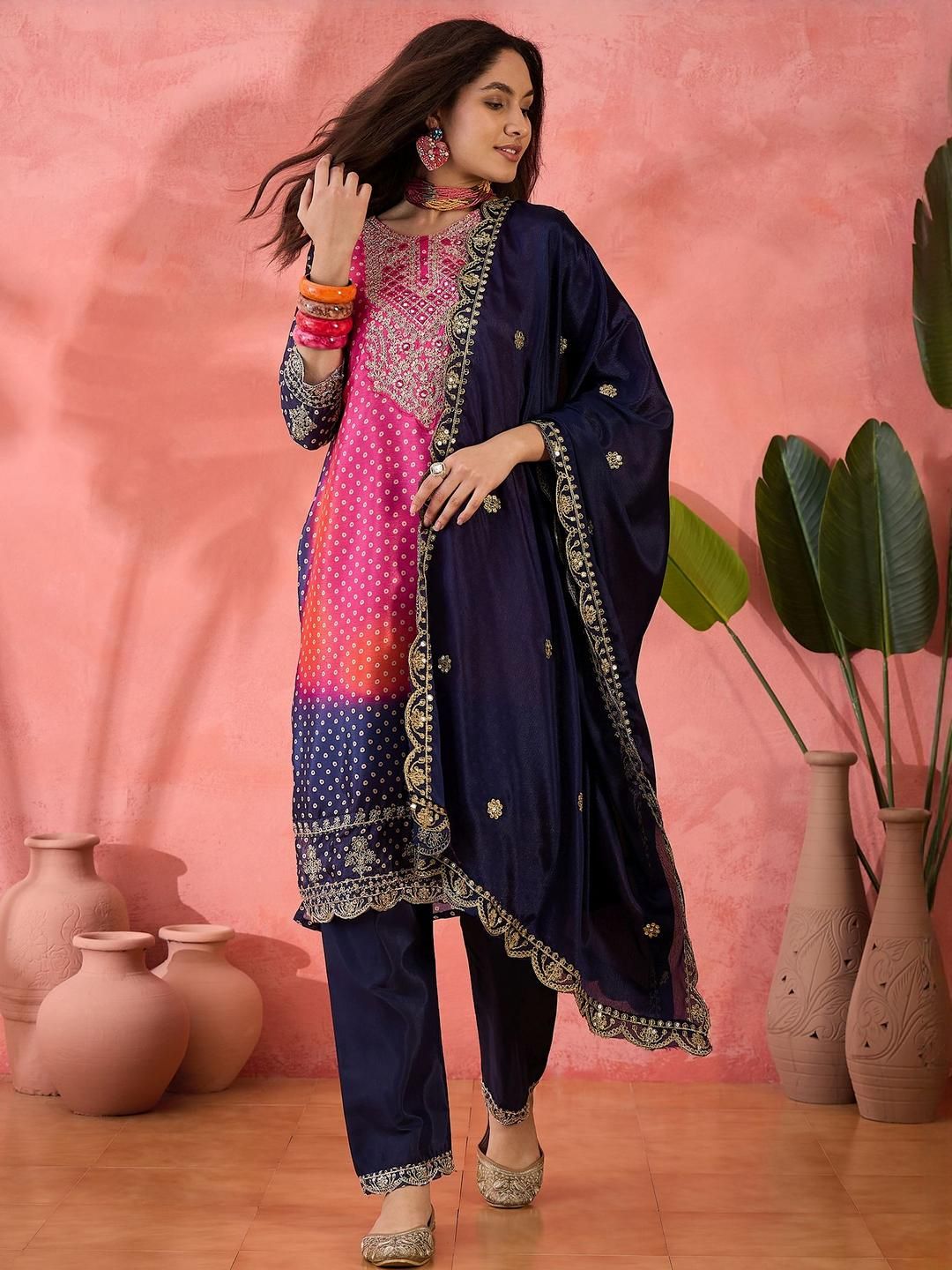 HERE&NOW Bandhani Printed Round Neck Sequinned Straight Kurta With Trousers & Dupatta