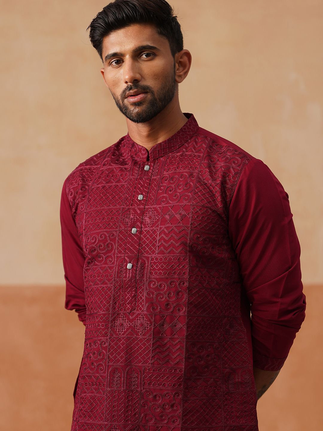 Jompers Geometric Embroidered Mandarin Collar Thread Work Cotton Silk Straight Kurta-picture-11