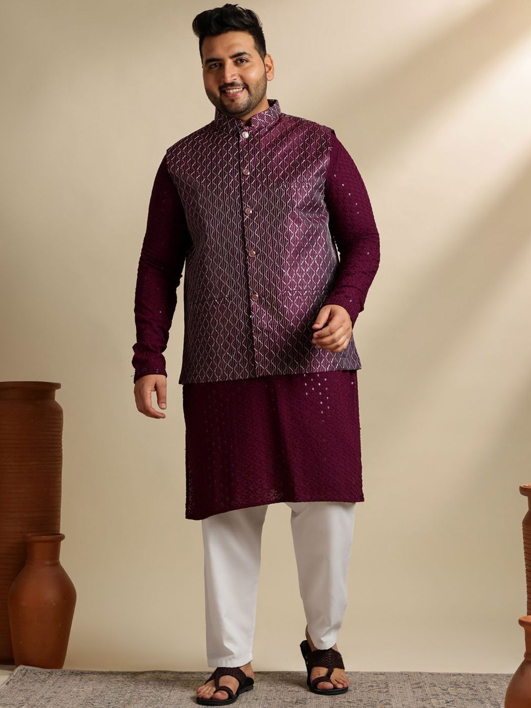 SOJANYA PLUS Men Embroidered Pure Cotton Kurta with Pyjamas & Nehru Jacket Plus Size-picture-29