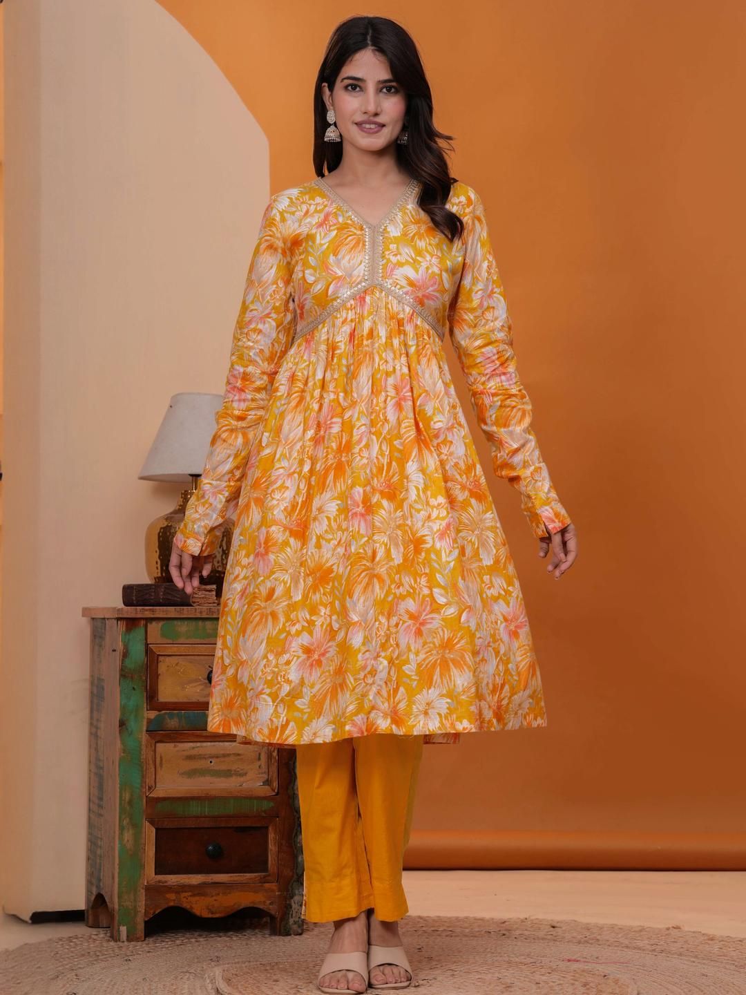 Meeranshi Floral Printed Pure Cotton Anarkali Kurta With Trousers-picture-32