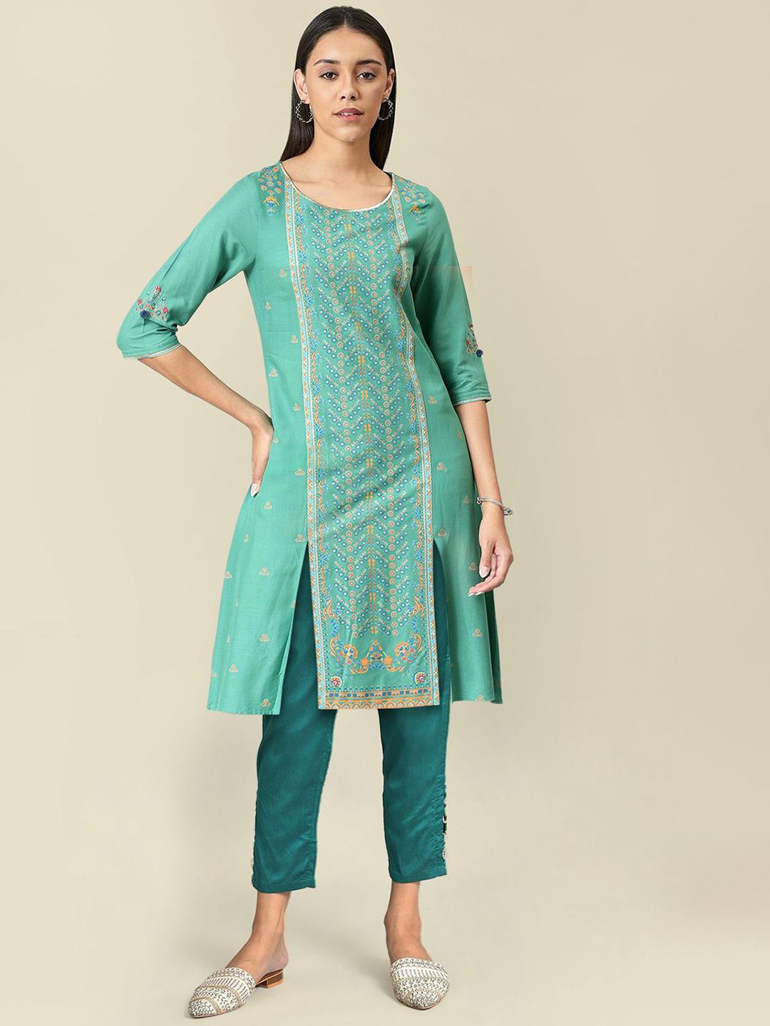 W Floral Printed Round Neck A-Line Kurta With Trousers