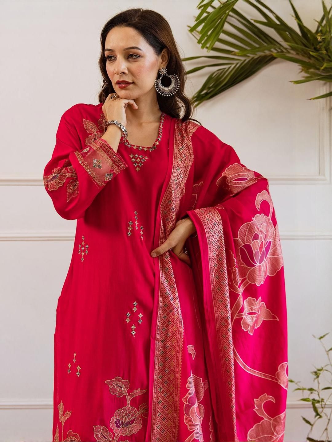 Indo Era Women Floral Embroidered Kurta with Sharara & Dupatta