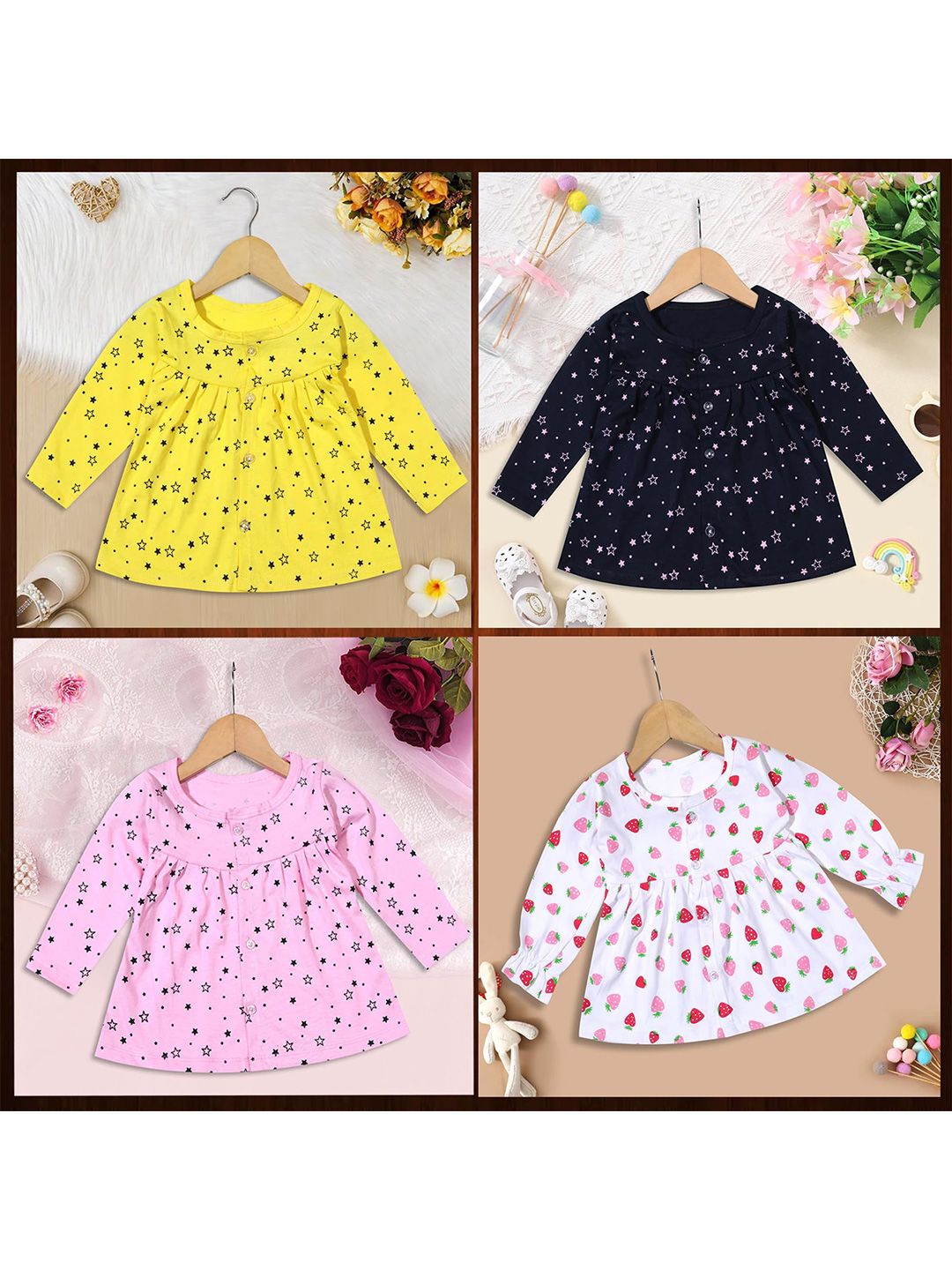 KIDEEZGUILD Girls Pack Of 4 Conversational Print Cotton Fit & Flare Dress-picture-55