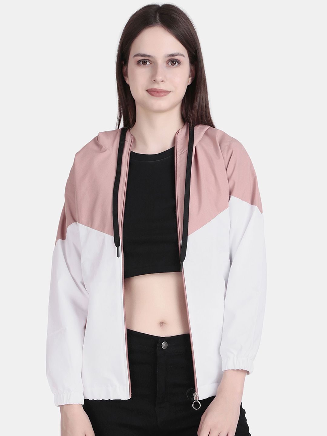 The Roadster Lifestyle Co. Women Hooded Colourblocked Windcheater Open Front Jacket