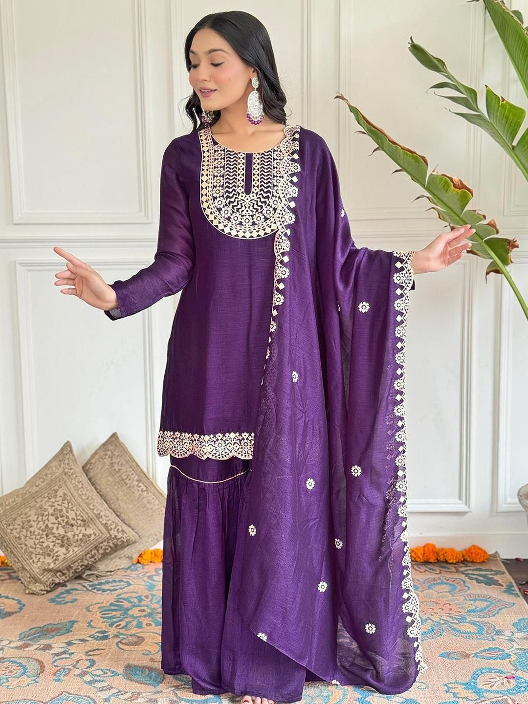 KALINI Floral Yoke Design Round Neck Thread Work Straight Kurta With Sharara & Dupatta