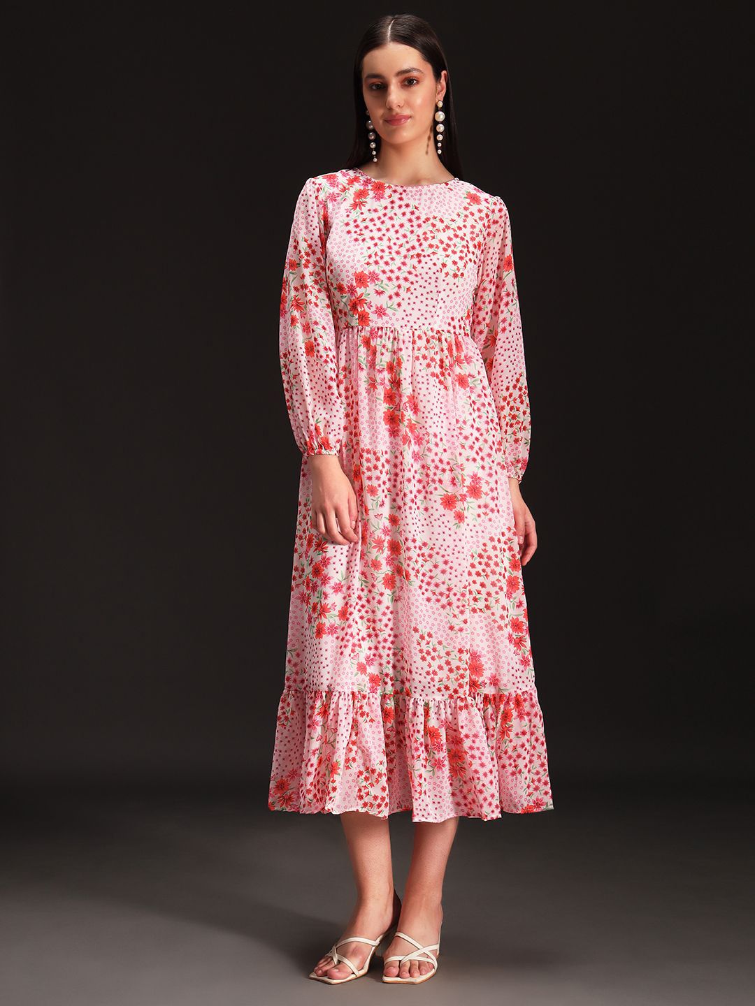 emeros Ditsy Women Floral Printed Puff Sleeve Tiered Georgette Fit & Flare Midi Dress-picture-16