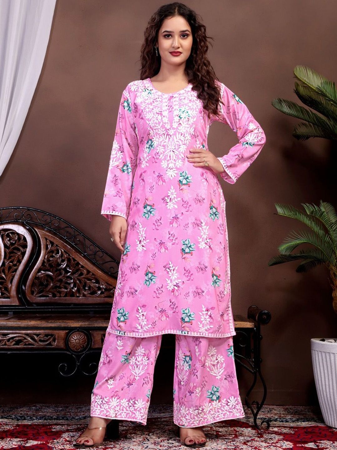 RUDRA LIFESTYLE Floral Printed Pure Cotton Straight Kurta With Palazzos