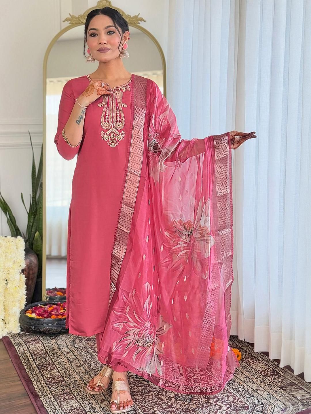 KALINI Floral Embroidered Straight Sequinned Chanderi Silk Kurta With Trousers & Dupatta