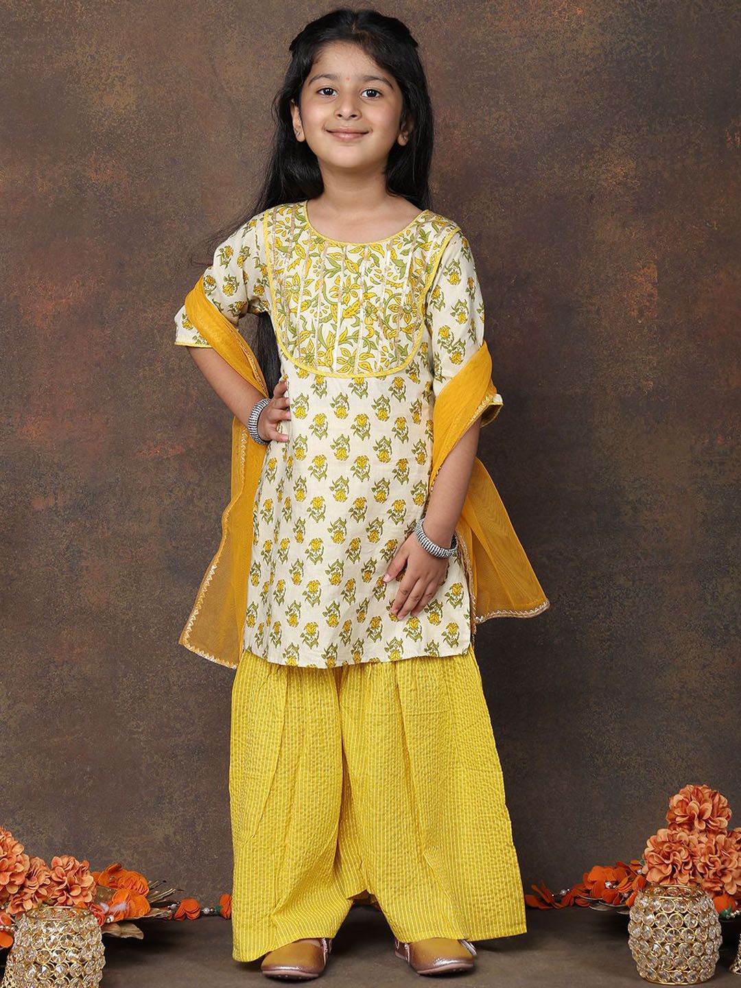 Sangria Girls Floral Printed Pure Cotton Straight Kurti & Sharara With Dupatta-picture-16