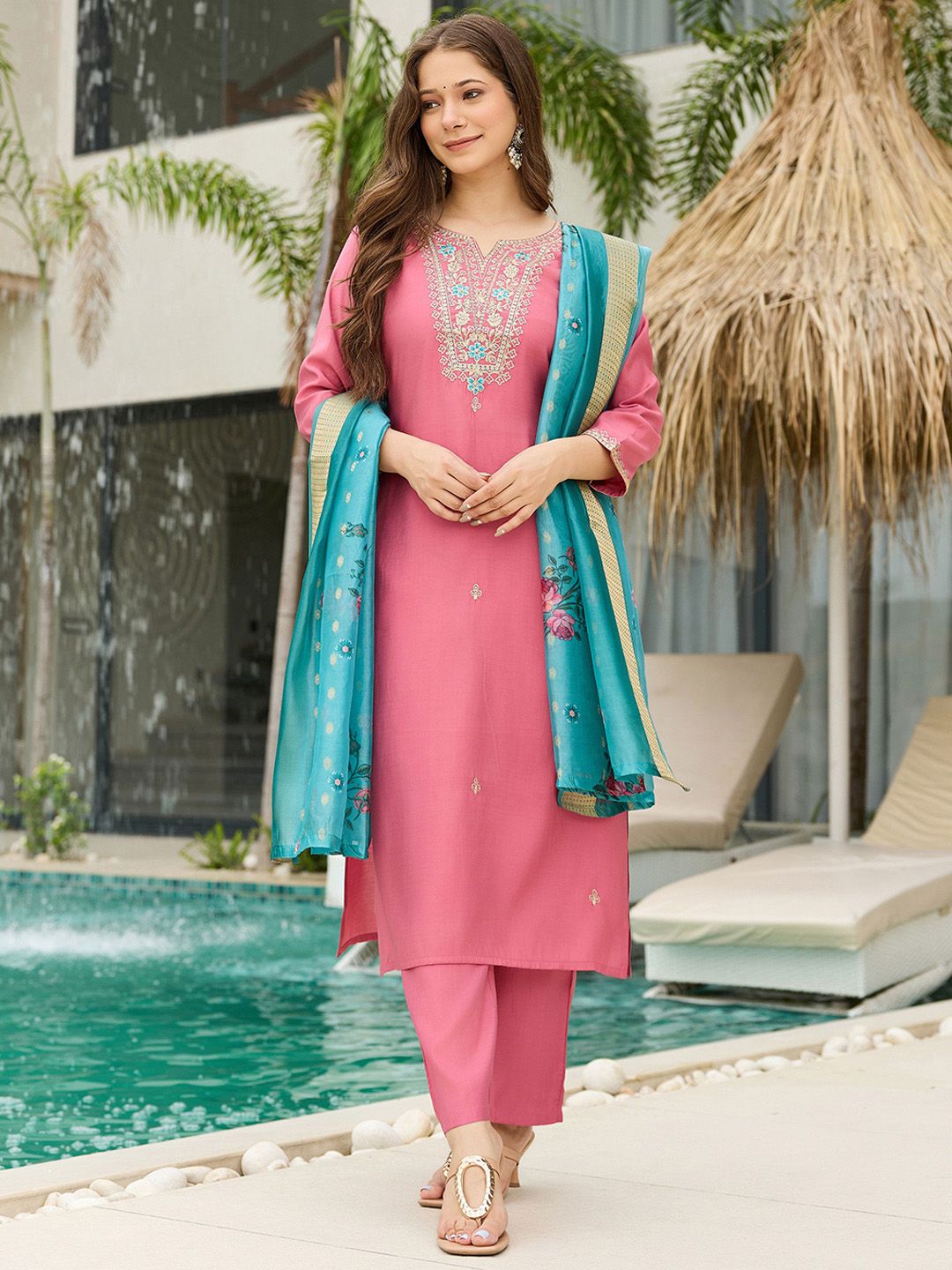 KALINI Women Floral Embroidered Regular Thread Work Kurta with Trousers & With Dupatta