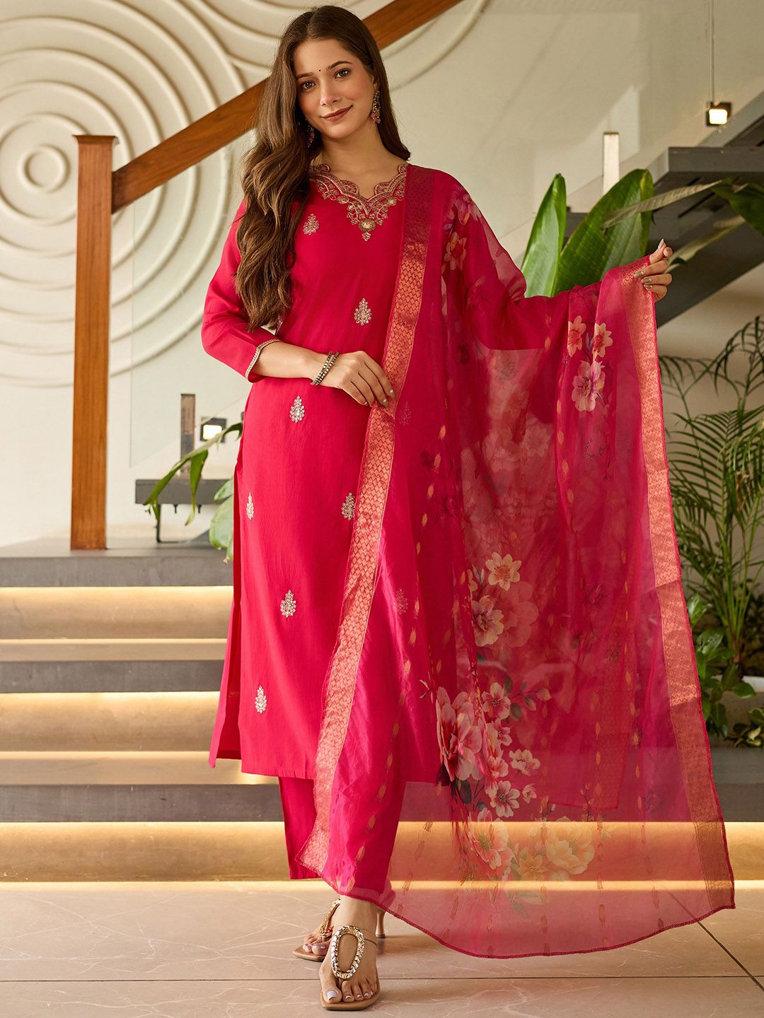 KALINI Ethnic Motifs Embroidered Straight Thread Work Kurta With Trousers & Dupatta