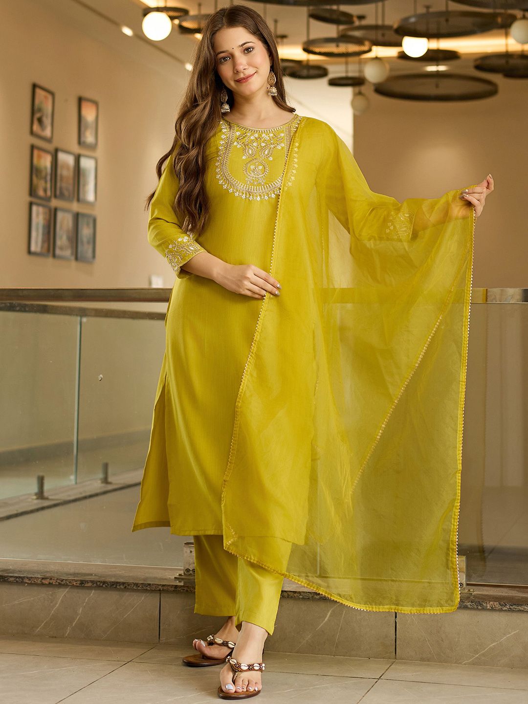 KALINI Ethnic Motifs Embroidered Straight Thread Work Kurta With Trousers & Dupatta