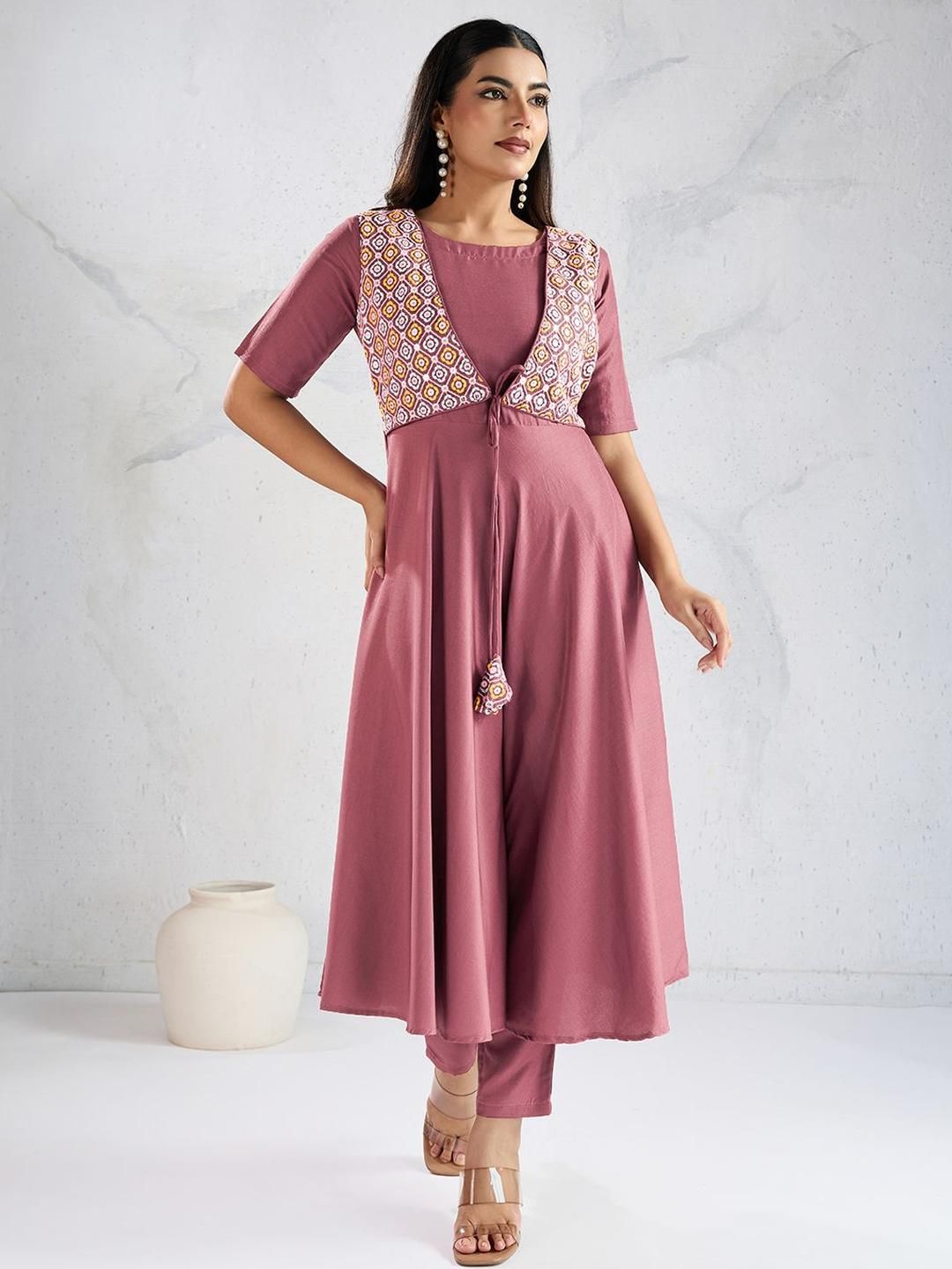 Inddus Ethnic Motifs Embroidered A Line Thread Work Kurta With Trousers