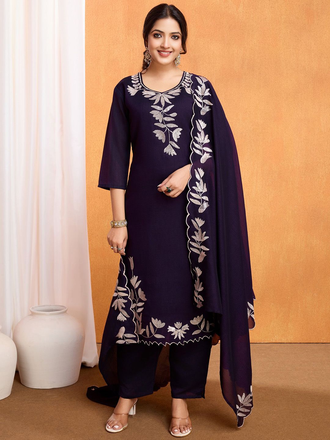 Divyadham Textiles Women Woven Design Embroidered Kurta with Palazzos & Dupatta