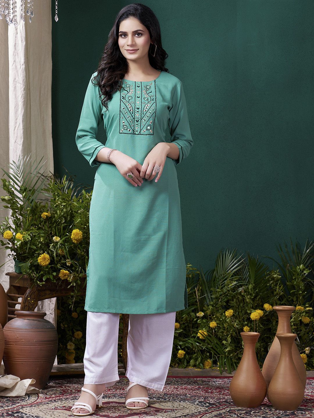 DIVASTRI Women Woven Design Embroidered Cotton Kurta with Trousers-image-33
