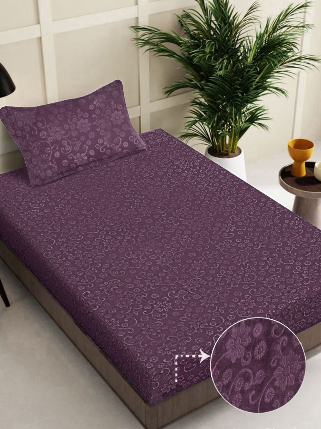 Myntra Elegant Homes Purple Embossed Woollen 300 TC Single Bedsheet Set 2.25 m x 1.5 m-picture-38
