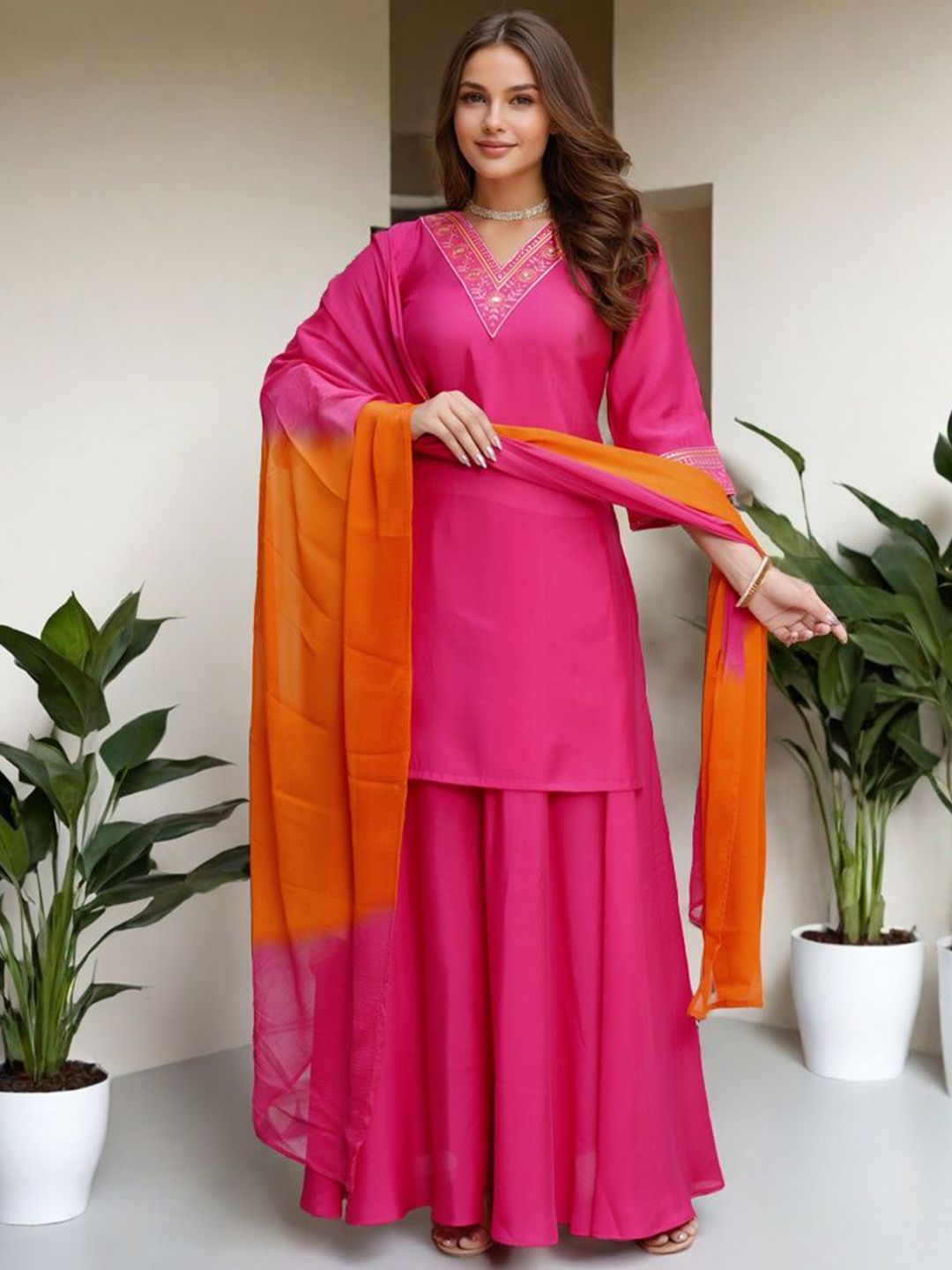 SZN Floral Yoke Design V-Neck Thread Work Straight Kurta With Trouser & Dupatta