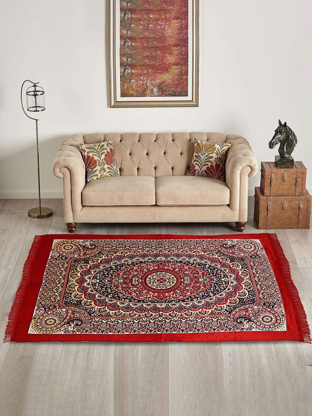 RUBOXA Maroon Ethnic Motifs Printed Anti-Skid Velvet Carpet-picture-13