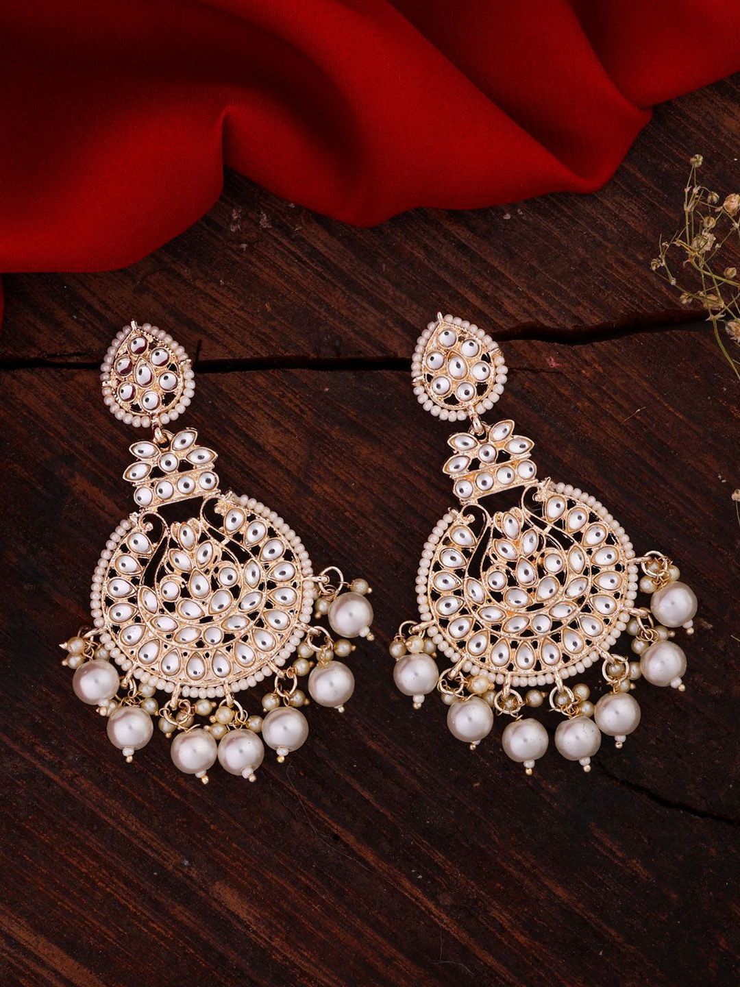 SHONA'S STYLE Brass-Plated Zircon Studded And Pearls Beaded Teardrop Shaped Chandbalis-picture-32