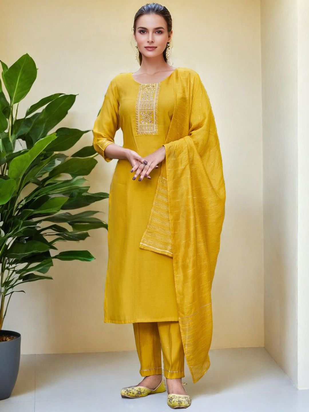 SZN Women Ethnic Motifs Embroidered Regular Pure Silk Kurta with Trousers & Dupatta