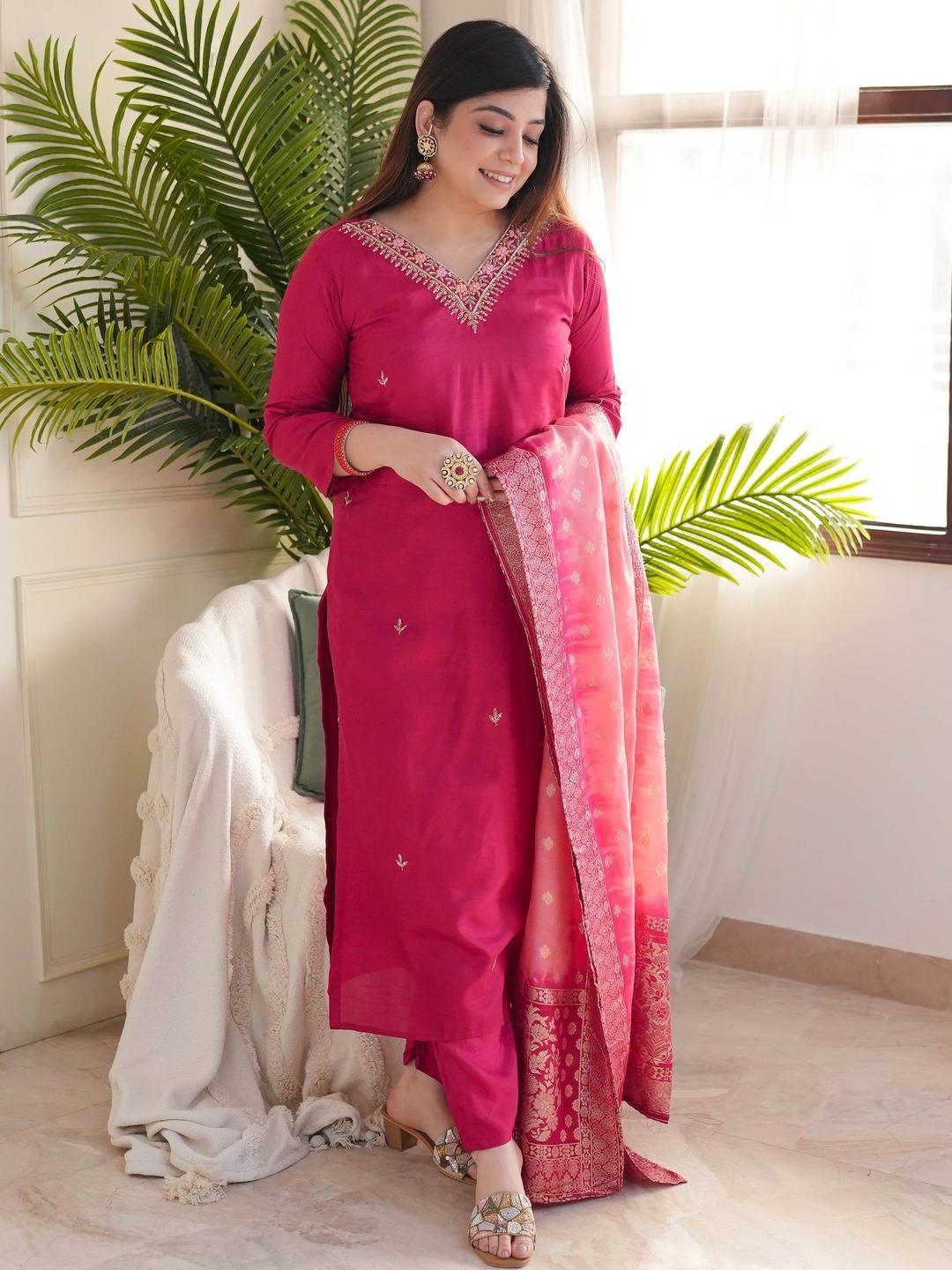 KALINI Women Woven Design Embroidered Kurta with Trousers & Dupatta