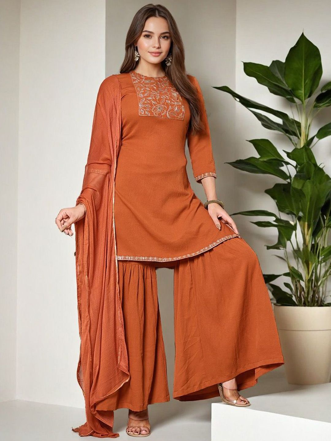 SZN Floral Printed Thread Work Pure Silk Straight Kurta With Sharara & Dupatta