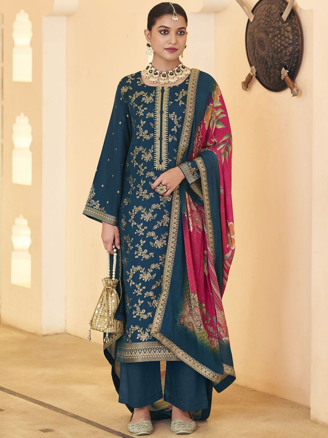 Stylee Lifestyle Navy Blue Dola Silk Jacquard Embroidered Dress Material-image-5