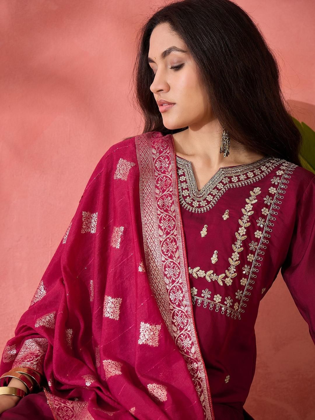 Maroosh Floral Embroidered Notch Neck Thread Work Kurta With Trousers & Dupatta