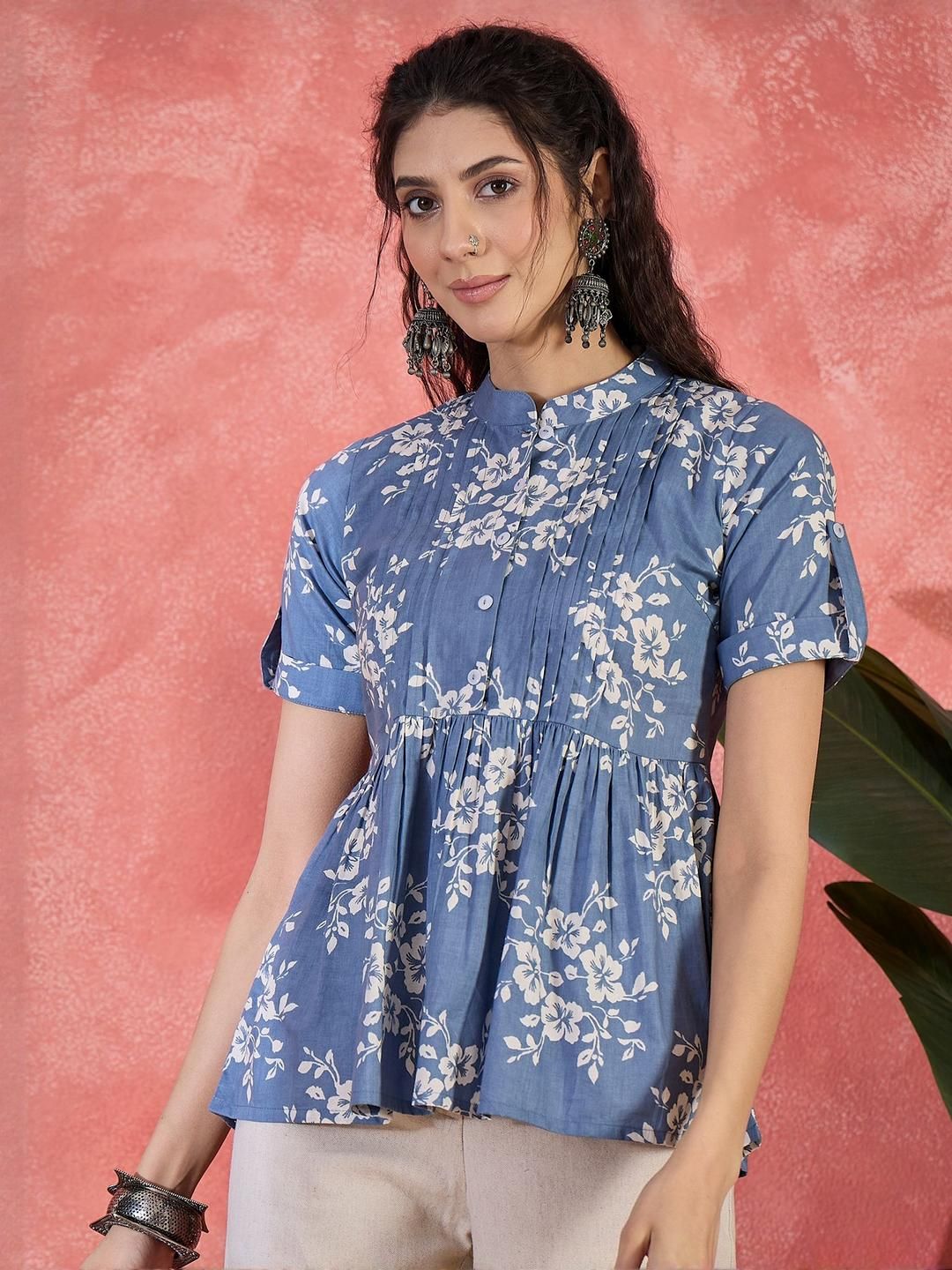 Sangria Floral Printed Pure Cotton Pintuck Short Peplum Top-picture-19