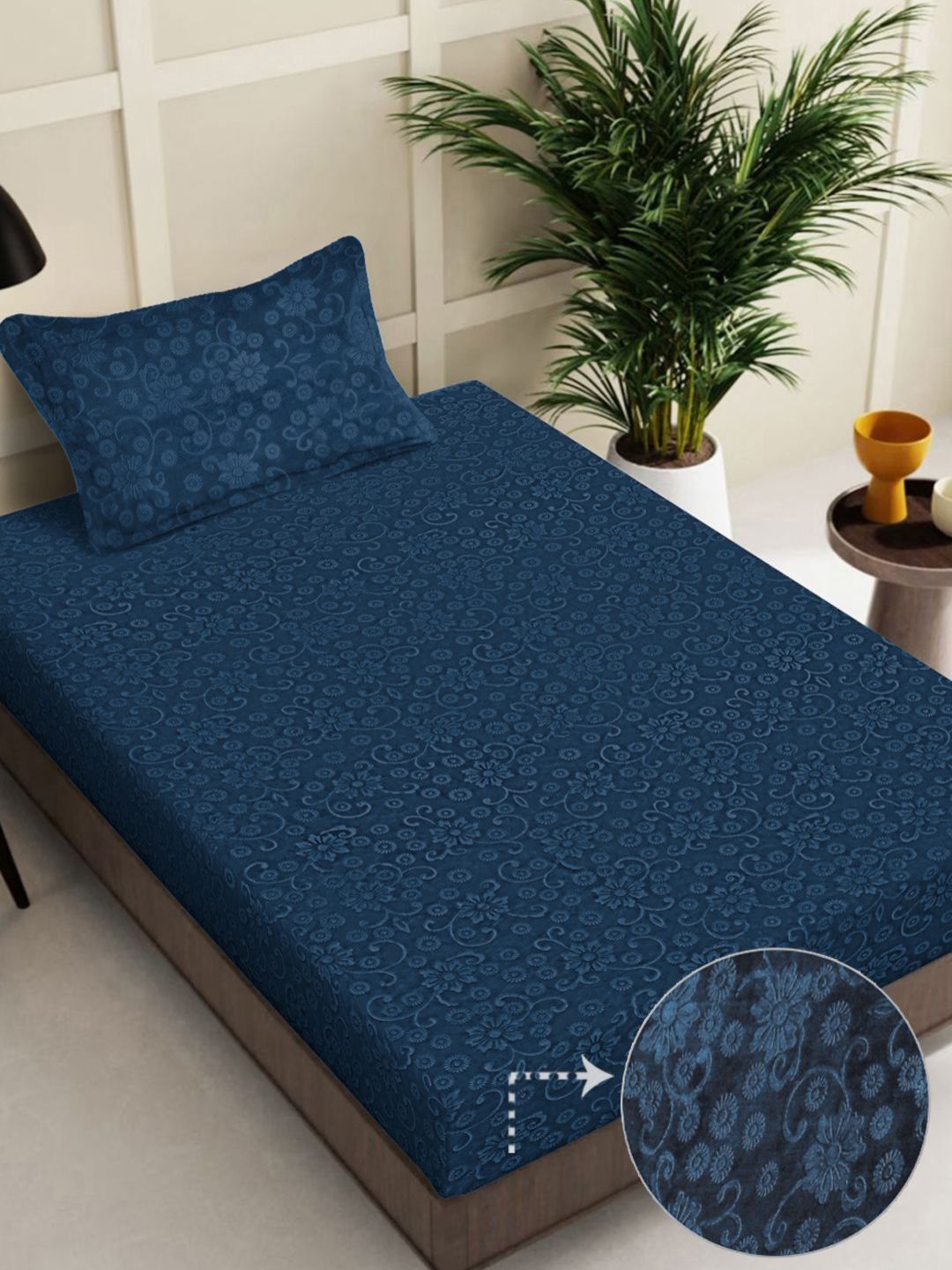 Myntra Elegant Homes Navy Blue Printed Woollen 300 TC Single Bedsheet Set 2.25 m X1.5 m-picture-26