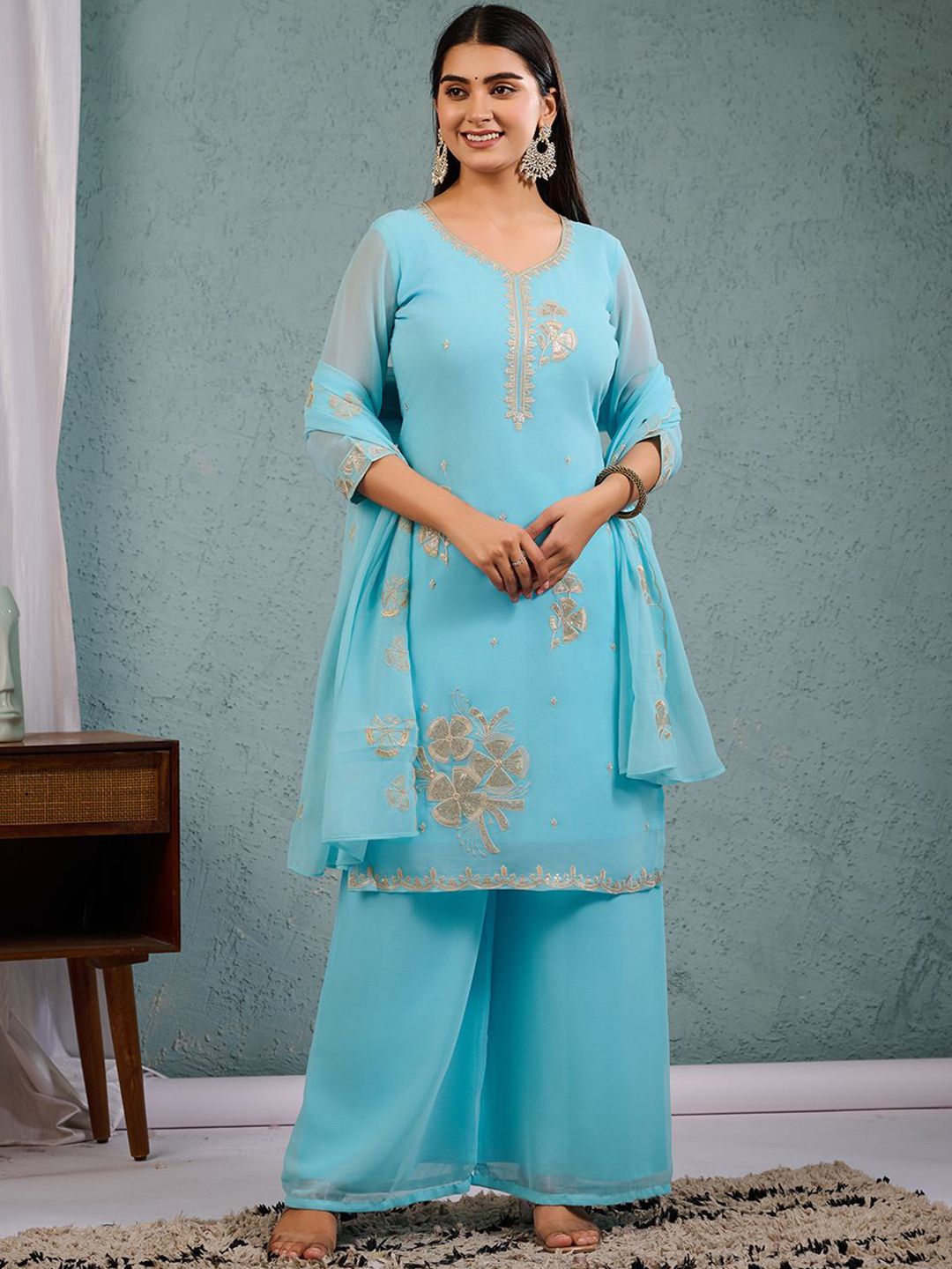 Globon Impex Floral Embroidered V-Neck Straight Sequinned Kurta With Palazzos & Dupatta