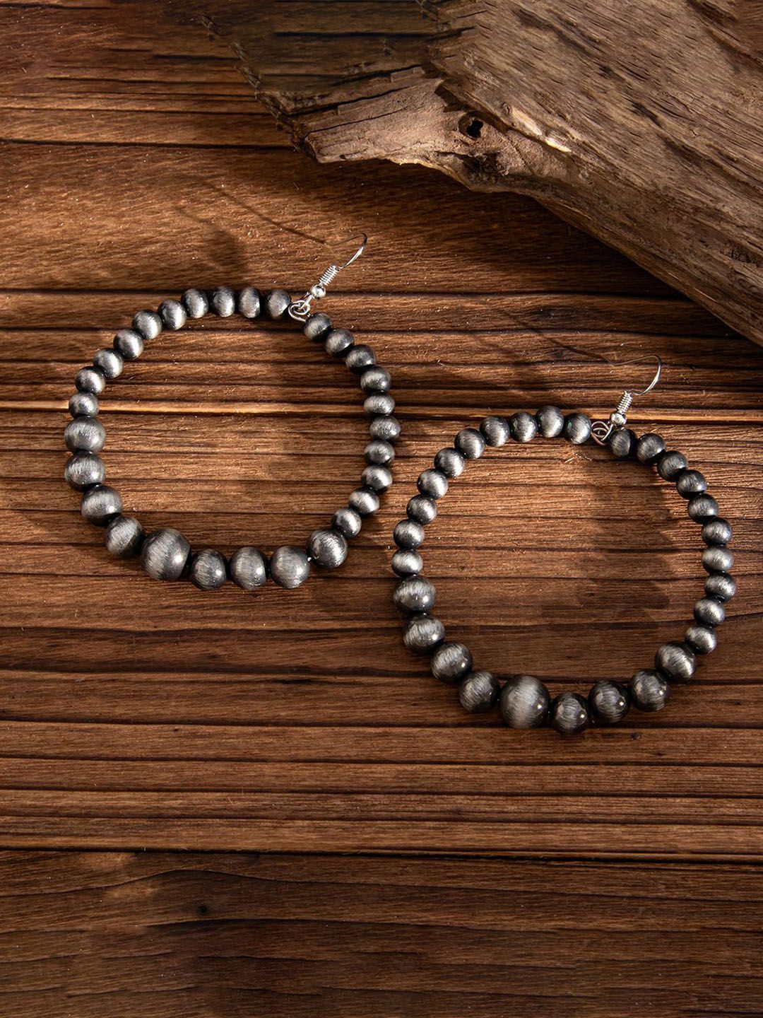 StyleCast x Revolte Silver-Plated Beaded Oxidised Circular Shaped Half Hoop Earrings-picture-17