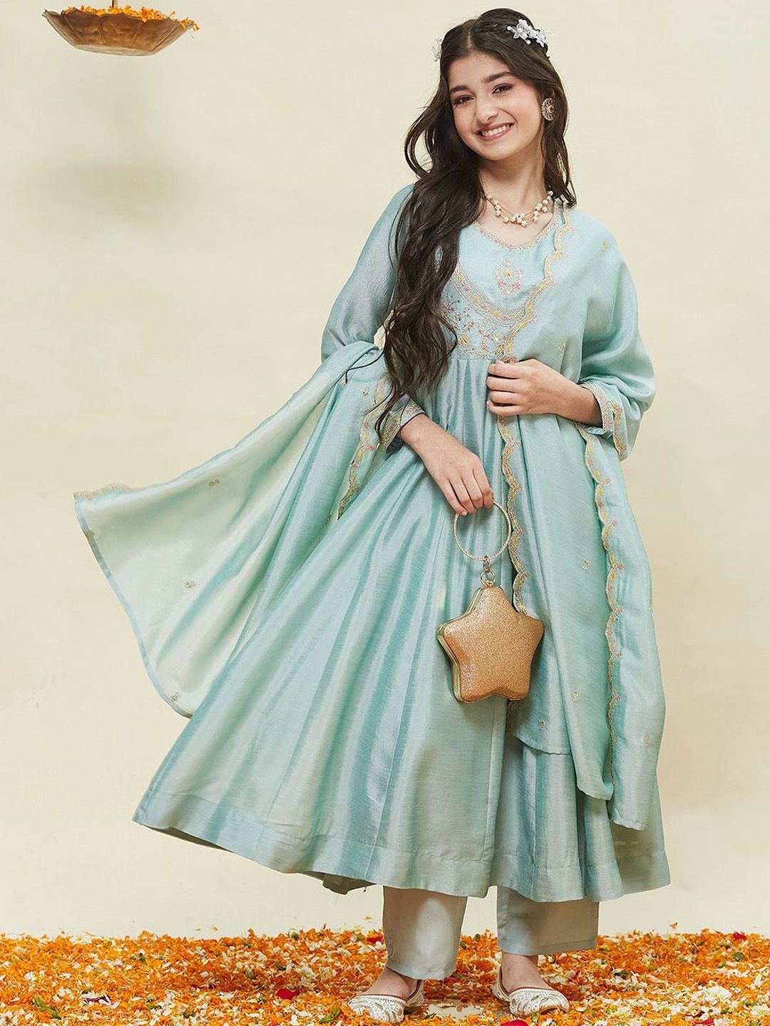 CurlyTales Girls Ethnic Motifs Embroidered Anarkali Kurta with Trousers & Dupatta