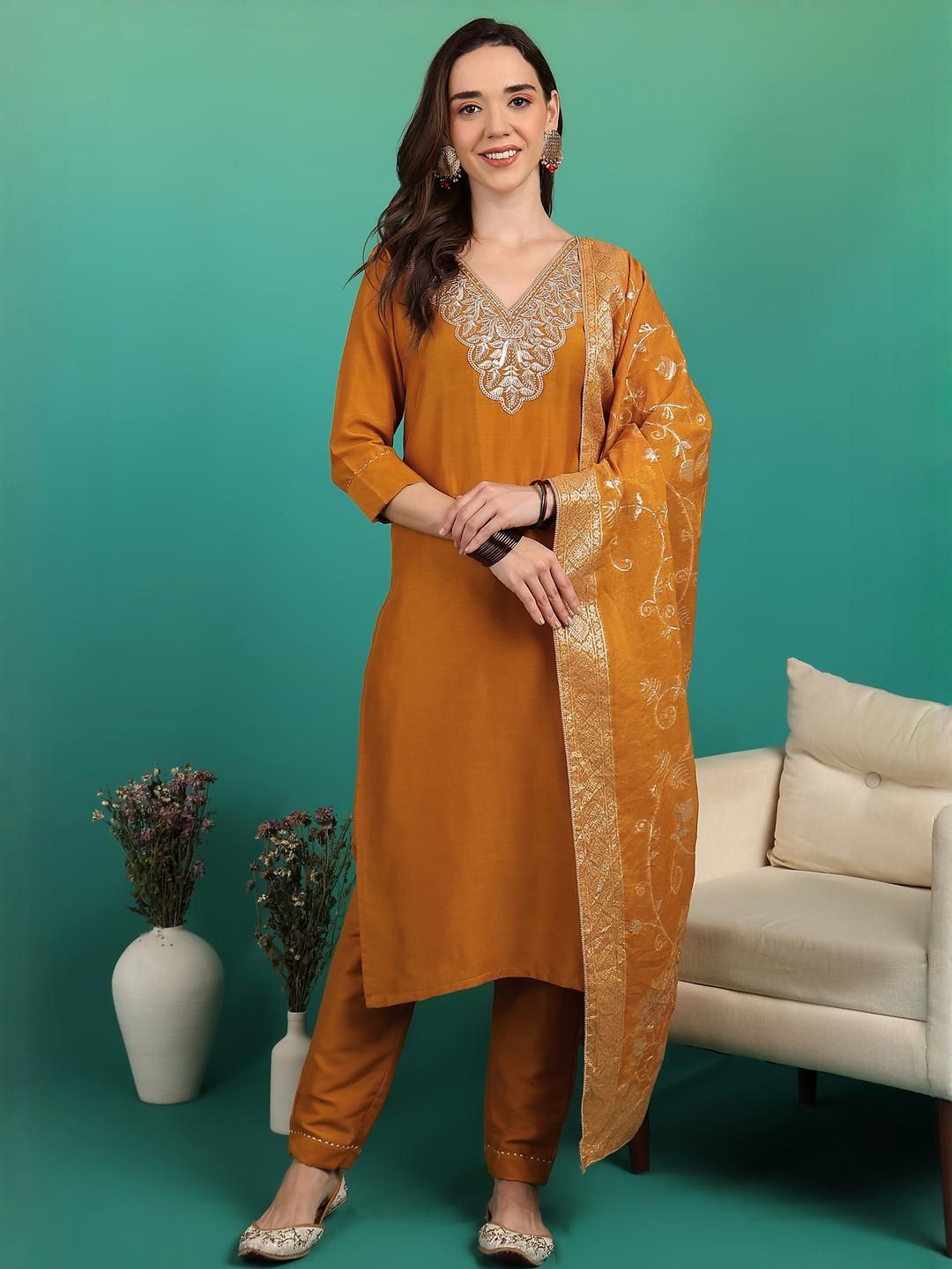 NEW ETHNIC 4 YOU Women Mustard Embroidered Regular Kurti with Trousers & With Dupatta